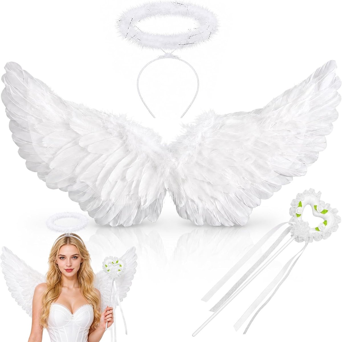 Decoratieve Engelvleugels met Halo en Toverstaf voor Vrouwen en Meisjes, Witte Veervleugels van 60 cm voor Feestjes en Kostuums