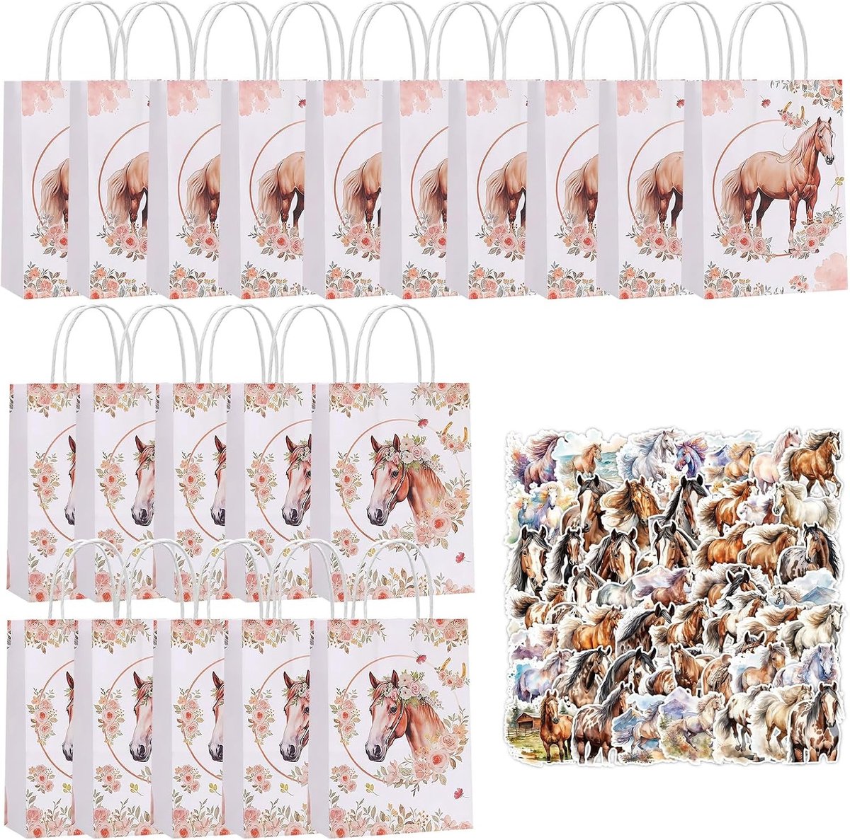 Set van 20 Cadeautassen met Handvat, Paardenthema Tassen met 50 Paardenstickers, Kleine Papieren Tassen voor Kinderen, Feestjes en Verjaardagen, 21 x 15 x 8 cm