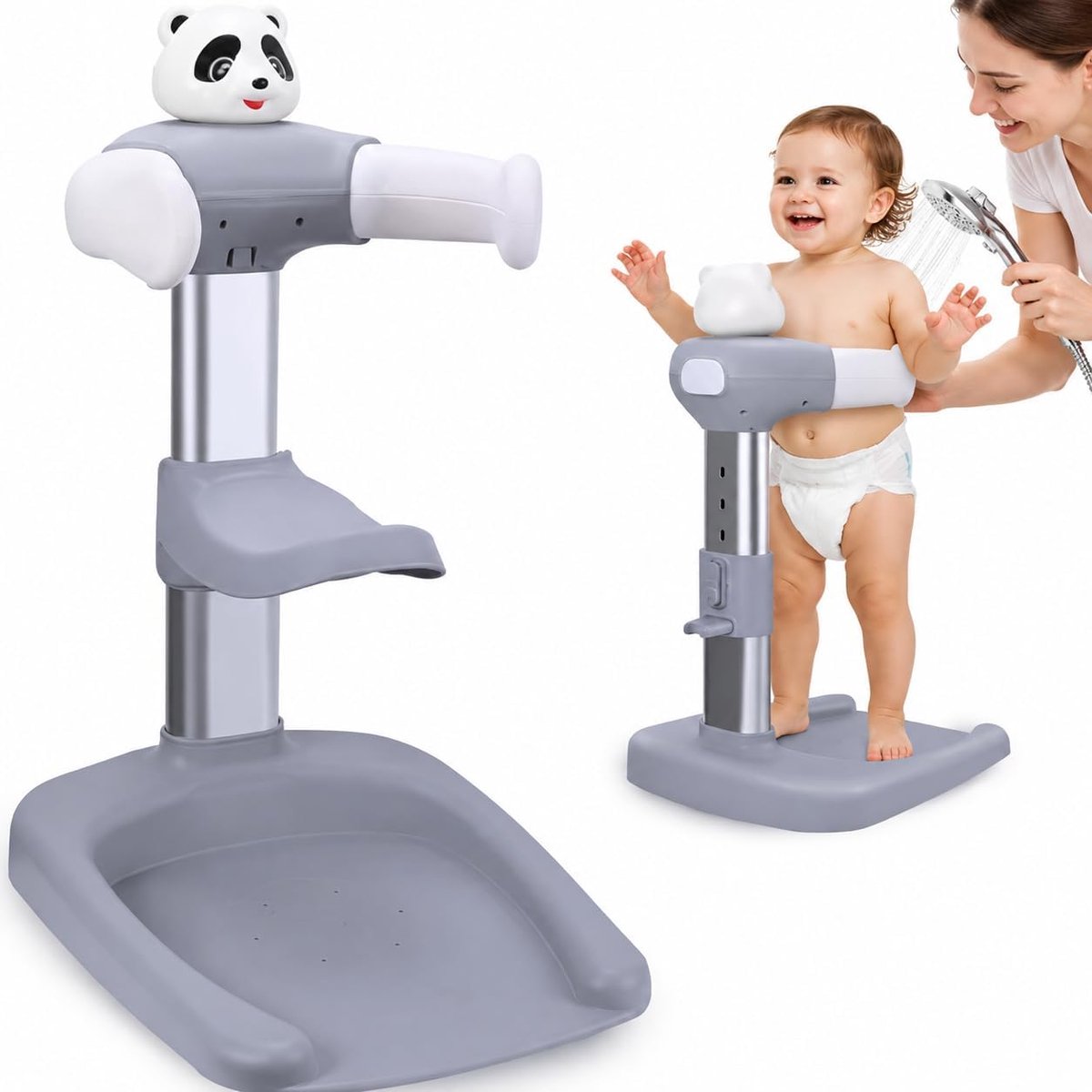 Babybadstandaard met antislipbasis, in hoogte verstelbare douchesteun voor peuters van 12-36 maanden, stabiele staande hulp voor looptraining en veilig baden