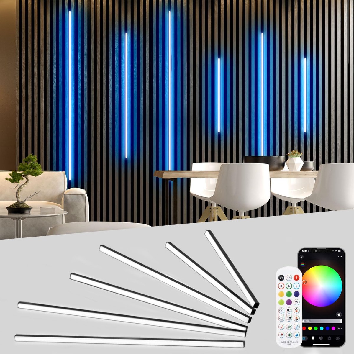 RGB LED for Acoustic Panels, WiFi 6-Pack Black LED Strips Alexa Compatible, Music Sync Self-Adhesive Light Strip for Acoustic Panels, Wall Panel Lighting (40 * 2+60 * 2+90 * 2 cm)