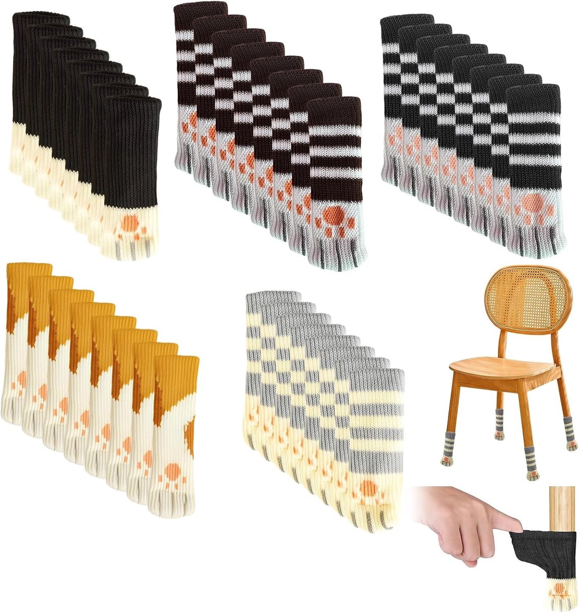 Set van 40 Beschermringen voor Vissershengels - Antislip Meubelbeschermers voor Stoelen met 5 Verschillende Kattenpoot Ontwerpen, Ideaal voor Woonkamer, Slaapkamer en Kantoor