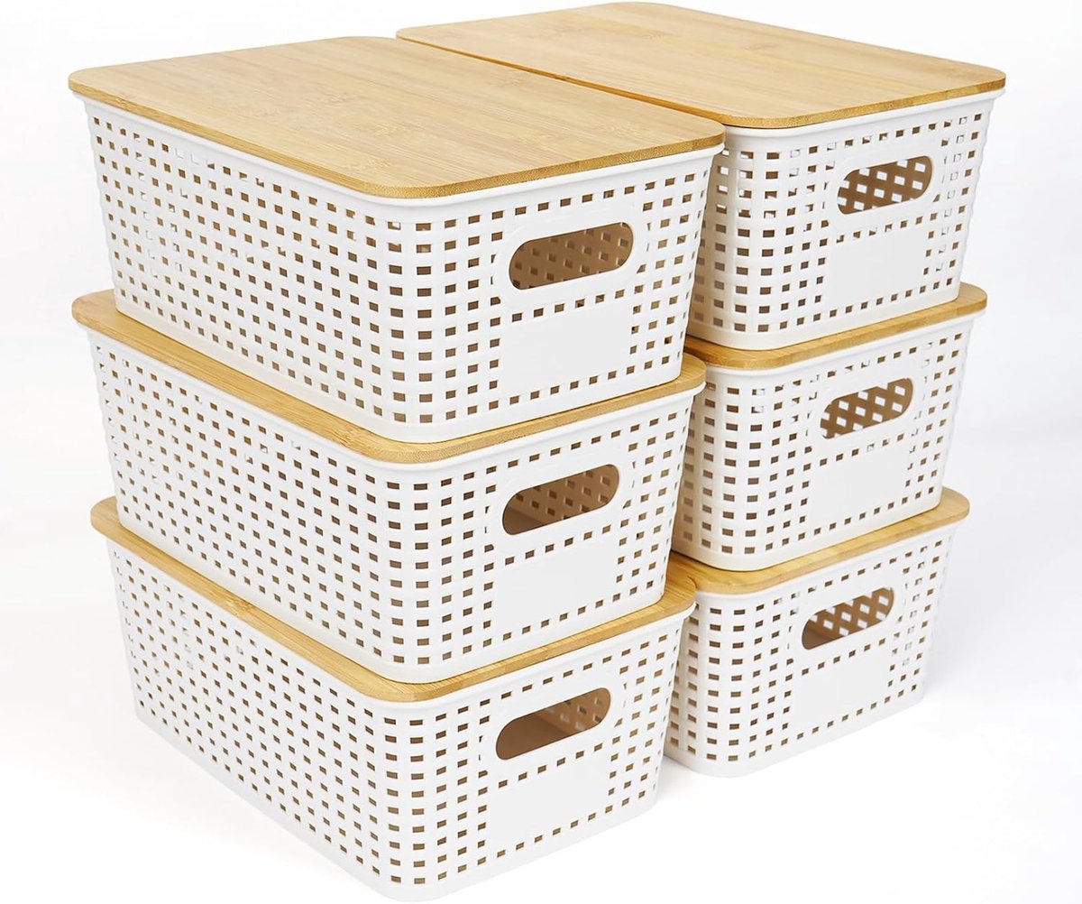 Opbergdoos met bamboedeksel, 6 stuks opbergmand, kunststof mand, opbergdoos, keukenorganizer, wit, stapelbare opbergdozen, kist met deksel, 25,6 x 18 x 10,7 cm