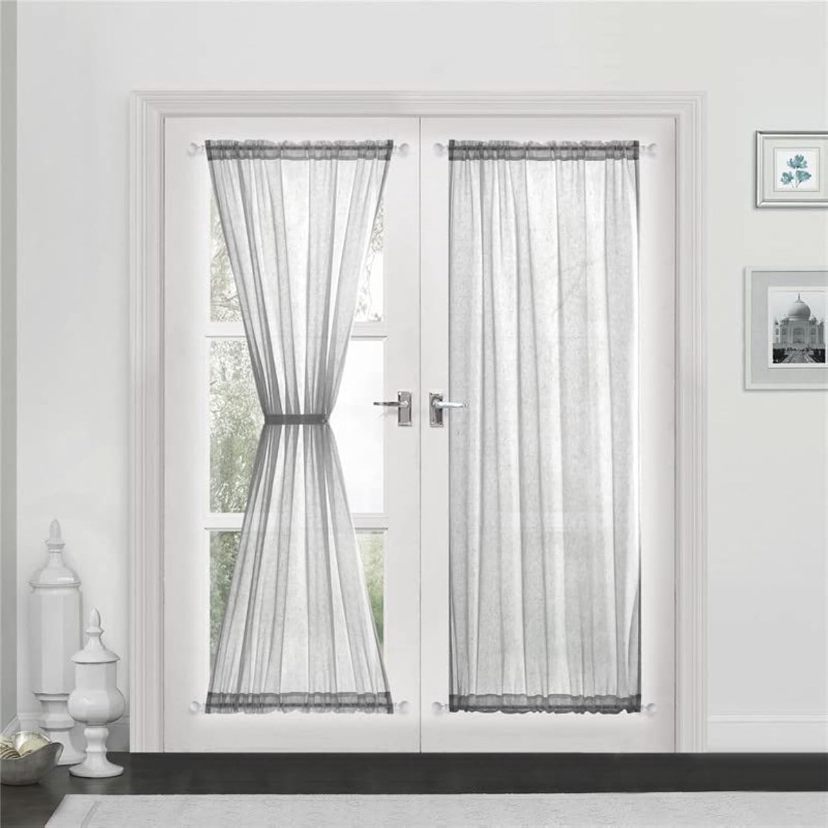 Vitrage linnenlook gordijn lange modern effen kleur bistrogordijn halftransparant deur gordijnen raamsjaal keuken gordijnen korte gordijnen BxH 132x183cm grijs 1 stuk