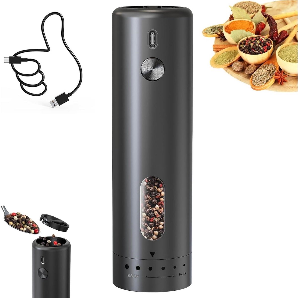 SSTRWGOOD Elektrische zout- en pepermolenset – Oplaadbaar via USB-C – Inhoud 110 ml – Instelbare maalgraad & ledverlichting – Geschikt voor BBQ, restaurants en keukens – Zwart