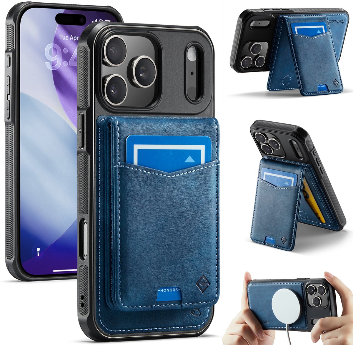 Casemania Hoesje Geschikt voor Apple iPhone 18 Pro - Navy Blue - Geschikt voor MagSafe - Back Cover met Afneembare Magnetische Pasjeshouder met Standaard - Telefoonhoesje en Kaarthouder