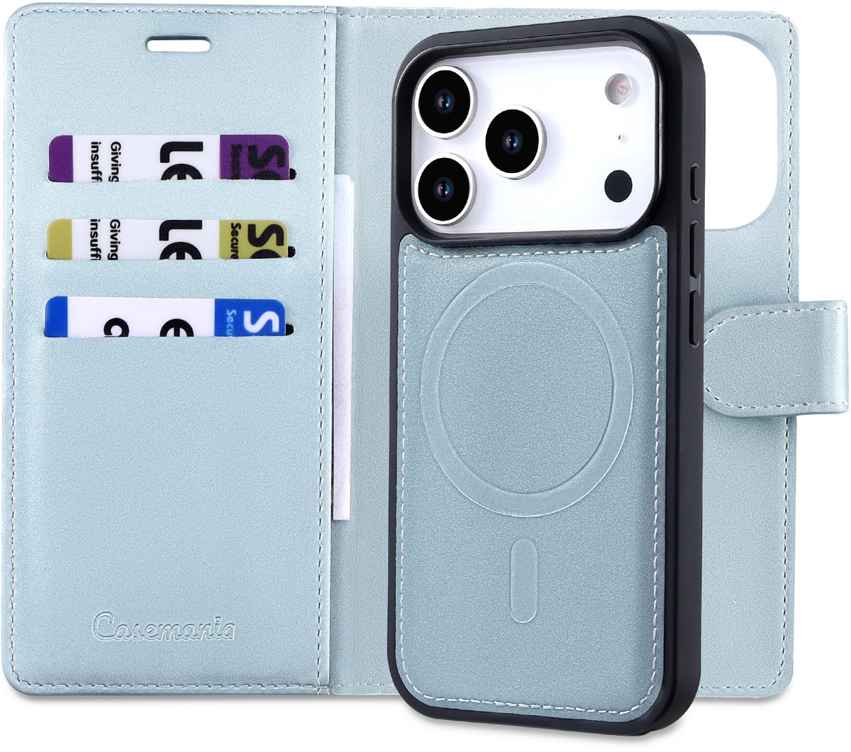 Casemania Hoesje Geschikt voor Apple iPhone 18 Pro - Baby Blue - 2 in 1 Bookcase met Velvet Finish - Geschikt voor MagSafe - Magnetisch Portemonnee Telefoonhoesje met Pasjeshouder en Afneembare Cover - Kunstleer Wallet Case - Blauw
