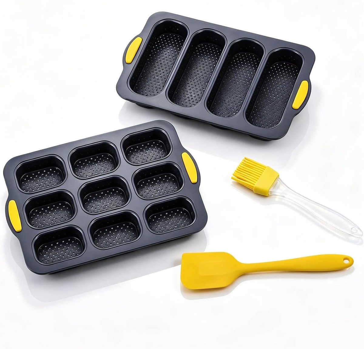 4 Stuks Hamburger Broodvorm, Broodjesbakvorm van Siliconen, Stokbrood Bakplaat met Anti Aanbaklaag, 4 en 9 Sleuven, Oliekwast, Deegmes voor Thuis Bakken en Hotdogbroodjes