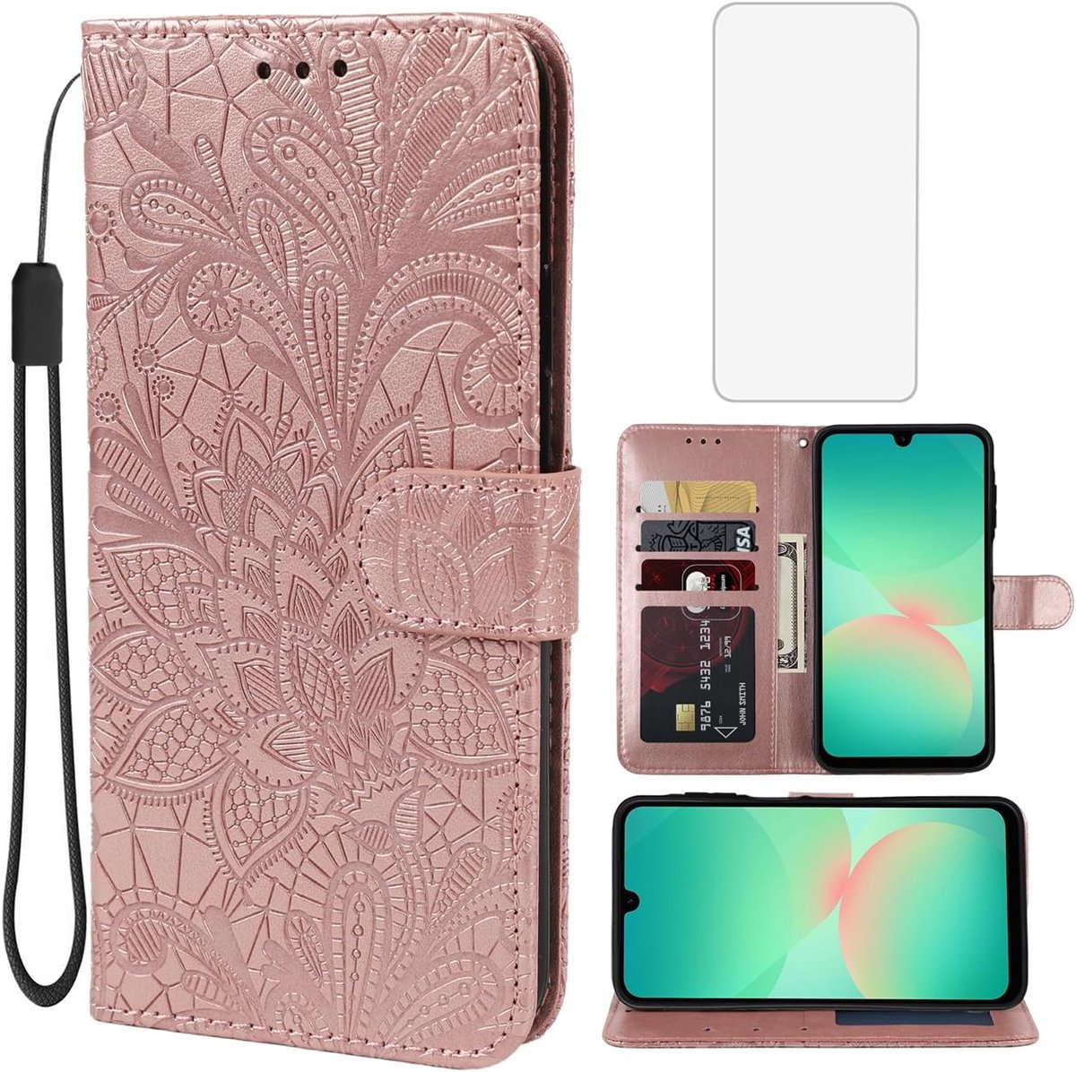 Telefoonhoesje voor Galaxy A27 / Samsung A27 SM-A276B hoes met schermbescherming. Portemonneehoes van kant bloemen kunstleder met kaartsleuven, klaphoes voor Samsung Galaxy A27 roségoud
