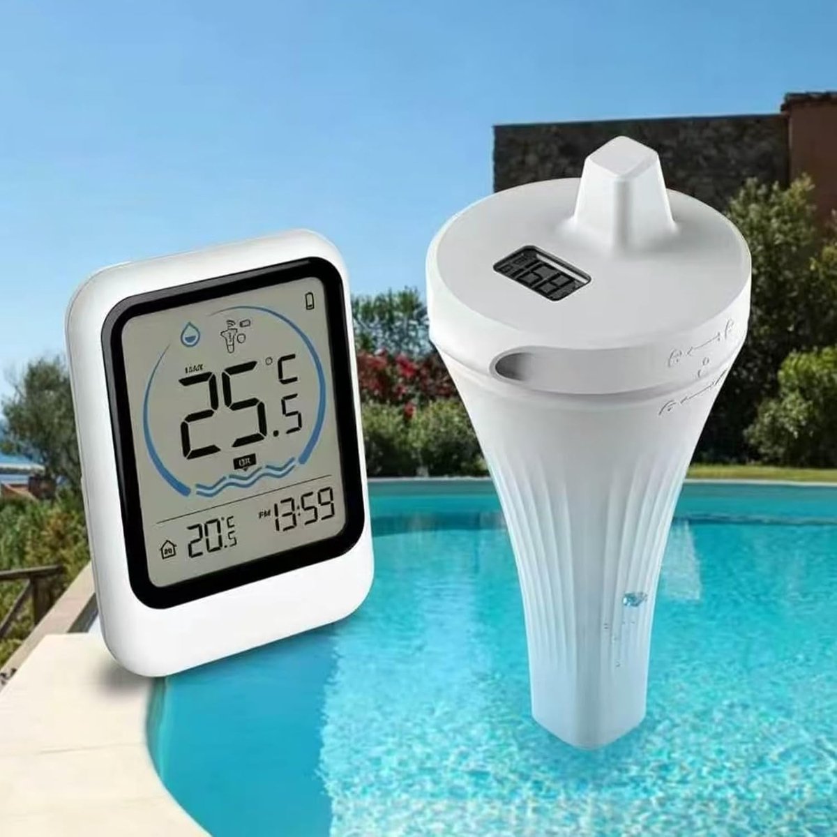 digitale zwembadthermometer, drijvende zwembadthermometer met display, nauwkeurige waterthermometer voor zwembad, badkuip, aquarium of vijver, IP68 waterdicht