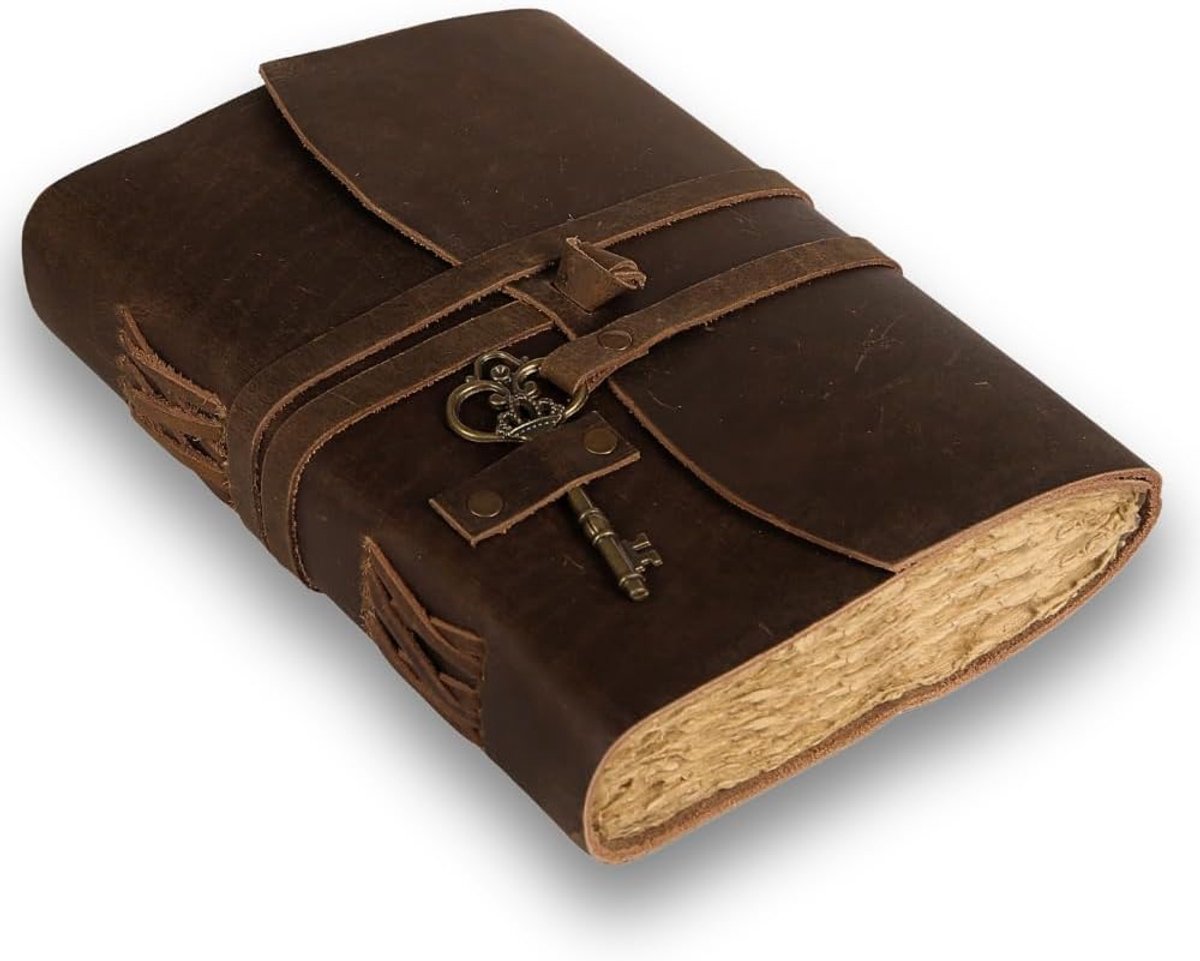 notitieboek met lederen omslag, echt leer, schrijfdagboek, teken- en schetsboek, handgemaakt dagboek met antieke sleutel, dikke omslagranden, ongelinieerde pagina's, formaat B6