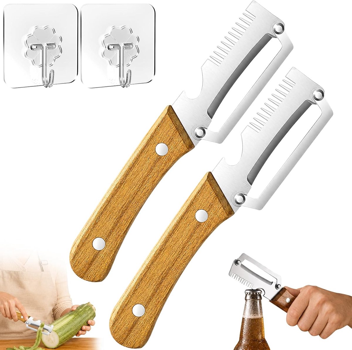 3-in-1 multifunctionele groenteschiller, 2 stuks dunschiller van roestvrij staal met houten handvat en flesopener en 2 haken, Zero Snag houtschiller van roestvrij staal voor fruit en groenten