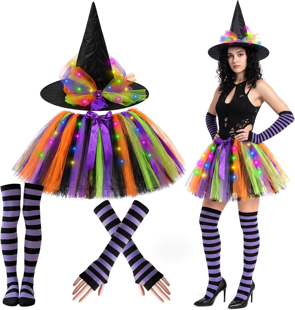 kleurrijk tule rok kostuum dames heks tutu hoed panty Halloween kostuum, led heks tule rok tutu set hoed, rok, mouwen, sokken, heksenkostuum voor Halloween, carnaval, verkleedpartij, cosplay