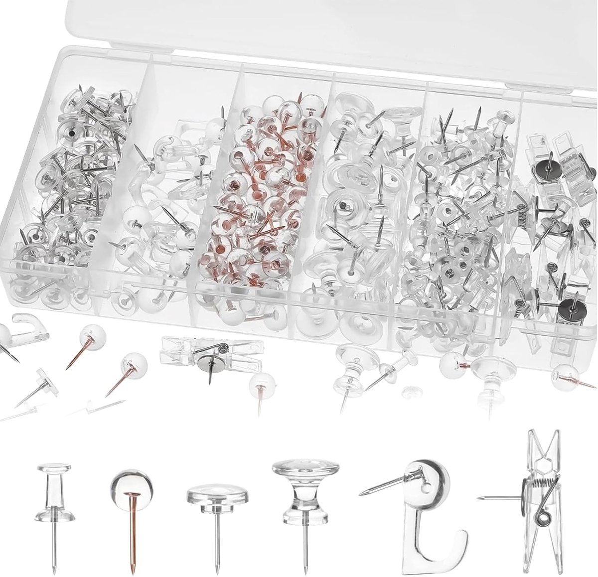 Punaises, 6 stijlen prikbord pinnen voor kurkbord, transparante push-pins voor kantoor & kinderkamer, push-pin set voor foto & kaart