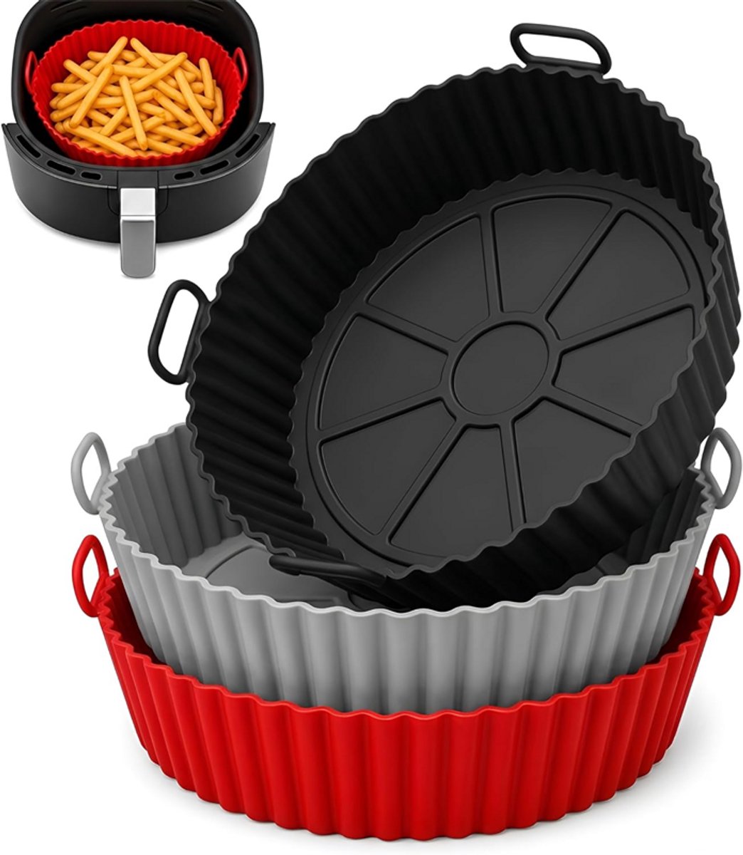 Siliconen binnenpan voor airfryer - 3-delige set - Siliconen bakvorm voor airfryer - Herbruikbaar - Antiaanbaklaag - Hittebestendig - BPA-vrij - Vaatwasmachinebestendig - Veilig materiaal - 20 x 5 cm - Binnendiameter 17 cm - Zwart + Rood + Grijs