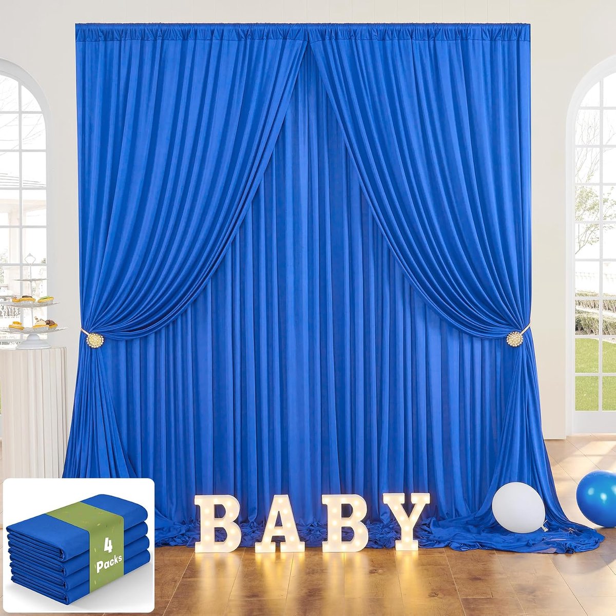 6 x 3 m Royal Blue achtergrondgordijn, decoratie, bruiloft, boss, babyfeest, verjaardag, fotowand, achtergrond, 4 platen, 1,5 x 3 m, kreukvrij, zacht, zijdeachtig koningsgordijn voor achtergronden,