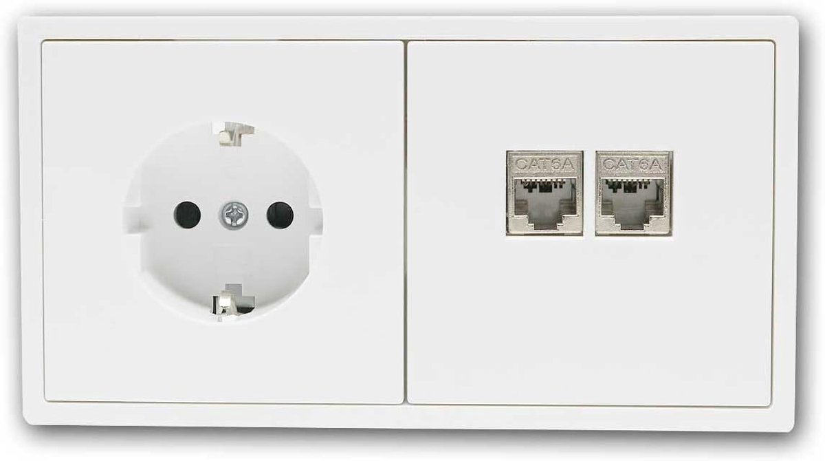 Combinatie van 2x RJ45 netwerkdoos CAT6 & stopcontact, wit, 2-voudig frame, 152x80x35mm, minimalistisch design, geschikt voor hollewanddozen