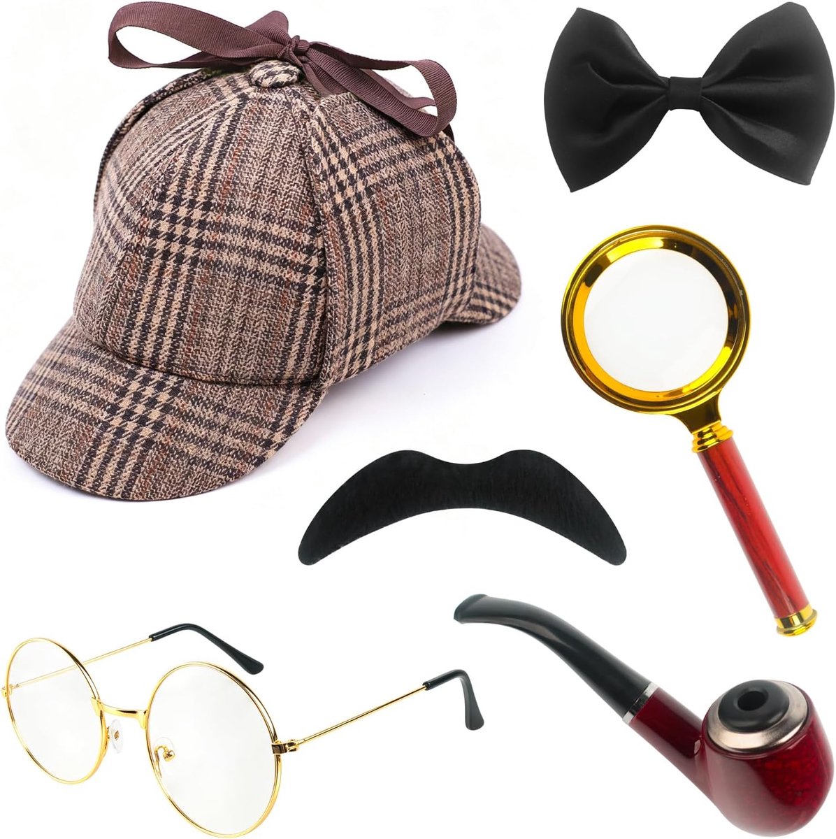 6-delige detective-kostuumaccessoireset, Holmes accessoires met detective-hoed, vergrootglas, bril, vlinderdas, kunstsnor en fluitje, detective-cosplay-rekwisieten, voor Halloween, carnaval, maskerade