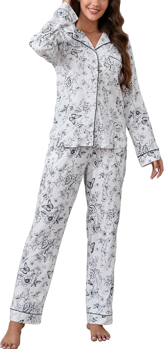 Lange pyjama voor dames, 100% katoen, pyjamaset met knoopsluiting, zacht en licht, 2-delige pyjama voor thuis, loungewear