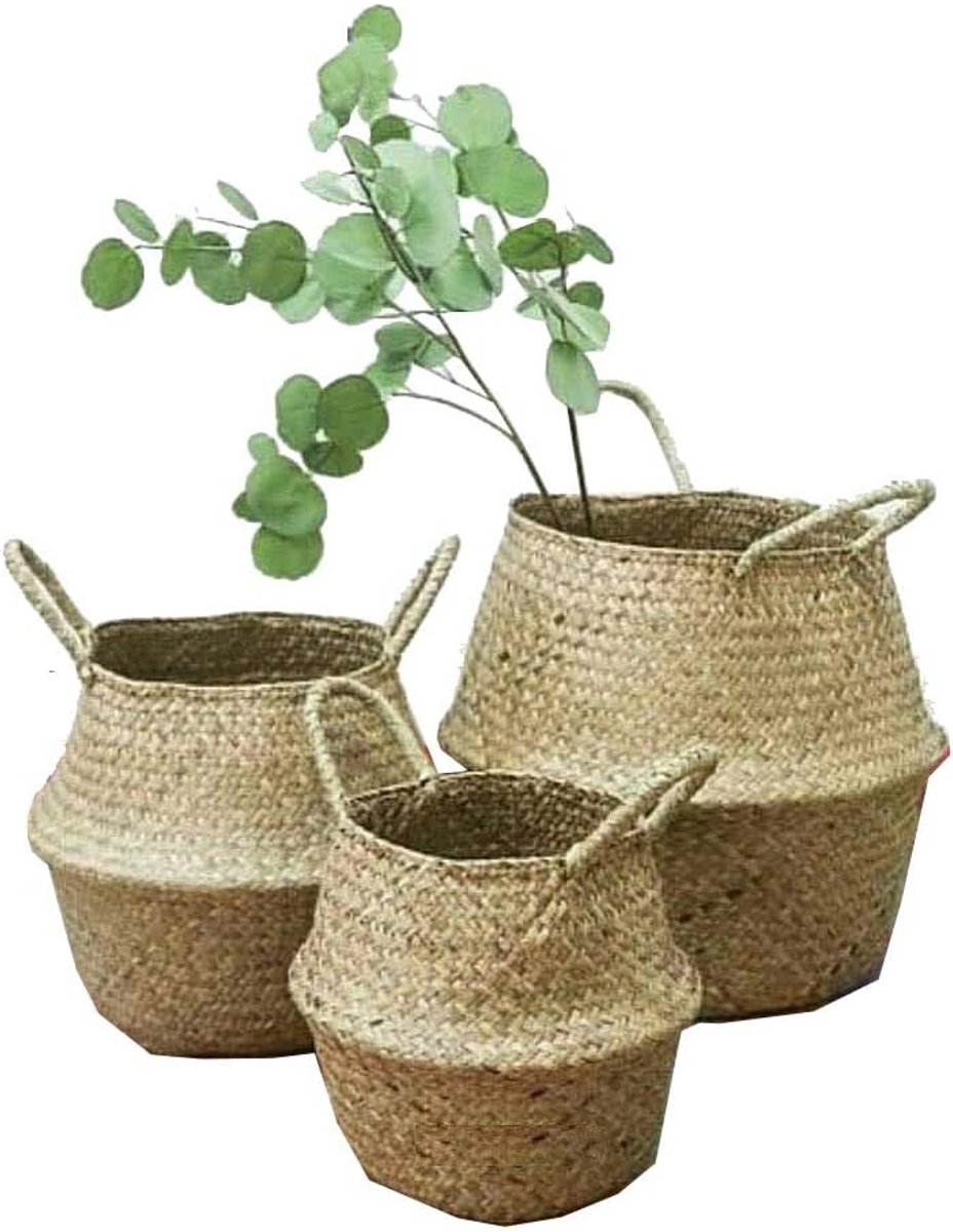 Wasmand, opvouwbaar, zeegras, bloemenmand, handgeweven, bloemen, rietmand voor planten, bloempot, met handgrepen, set van 3