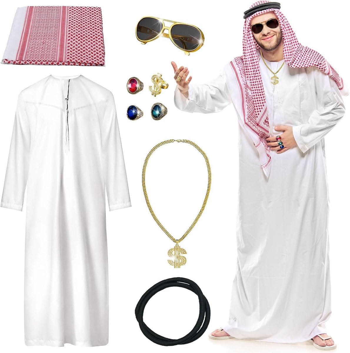 Sjeikkostuum voor heren, Arabisch wit gewaad met hoofddoek, vingerring, halskettingen, zonnebrillen, carnaval, sjeik, kostuumset voor carnaval, party, cosplay