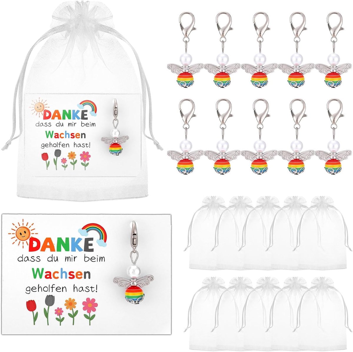 10 sets sleutelhangers leraar cadeau, afscheid cadeau kleuterschool beschermengel regenboog afscheid cadeau leraar voor dagmoeder kleuterschool parelengel sleutelhanger
