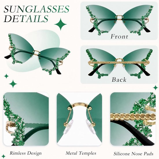 Zonnebril Dames - Randloze Vintage Rimless Sunglasses met Steentjes - Festival Accessoires voor Dames incl. Brillenzakje - Emerald Groen van Zonnebril Dames — afbeelding 3