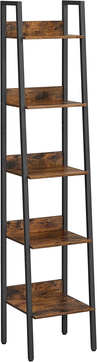 Opbergrek Boekenkast 33,8 x 30 x 170 cm, Displayrek Met 5 Open Opbergvakken, Vrijstaand Opbergmeubel, Metalen Frame, Verstelbare Poten, Anti-Kantelvoorziening, Bruin + Zwart, Voor Woonkamer, Slaapkamer En Keuken