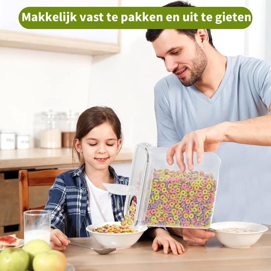 Een vader en dochter in de keuken. Vader schenkt kleurrijke ontbijtgranen uit een voorraadcontainer met handige schenktuit in een kom voor zijn dochter.