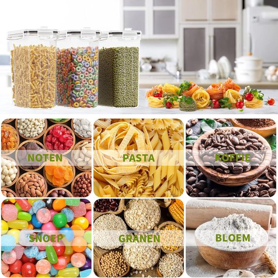Collage van opbergcontainers gevuld met ontbijtgranen, pasta, noten, koffie, snoep en bloem. Bovenste rij toont containers met pasta, gekleurde ontbijtgranen en groene bonen.