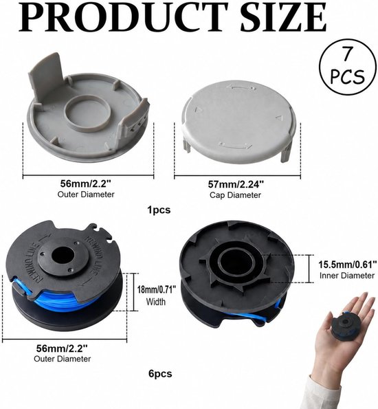 6 stuks vervangende grastrimmerspoel AC14RL3A met dop, compatibel met Ryobi grastrimmer One+ 18 V, 24 V, 40 V, draadspoel Ø, hoogwaardige trimmerspoel voor moeiteloos trimmen (6 spoelen + 1 kap) — afbeelding 2