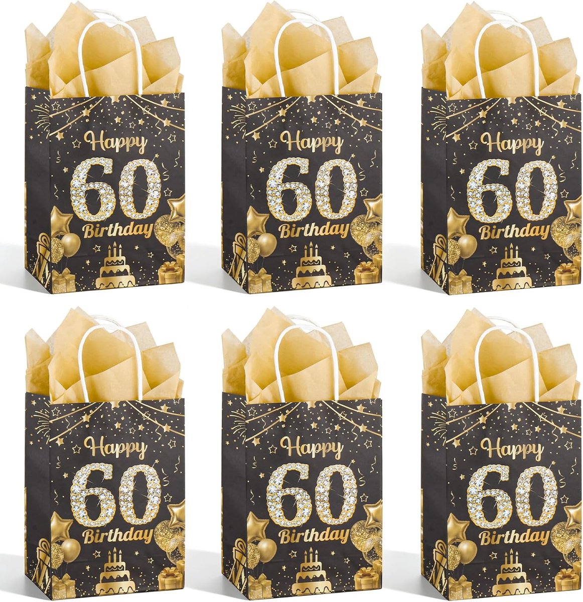 6 geschenkzakjes voor de 60e verjaardag, zwart en goud met pailletten, "Happy 60 Birthday" met handgrepen en cadeaukaart, voor geschenken en feestjes