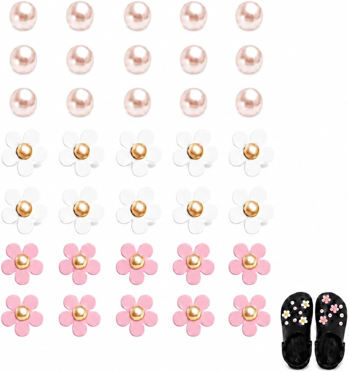 Bedels bloemen en parels, roze wit, 20 bloemen, 15 kralen, clog bedels, schoenhangers voor klompen, sandalen, schoenen met gaten, doe-het-zelf schoendecoratie voor meisjes en