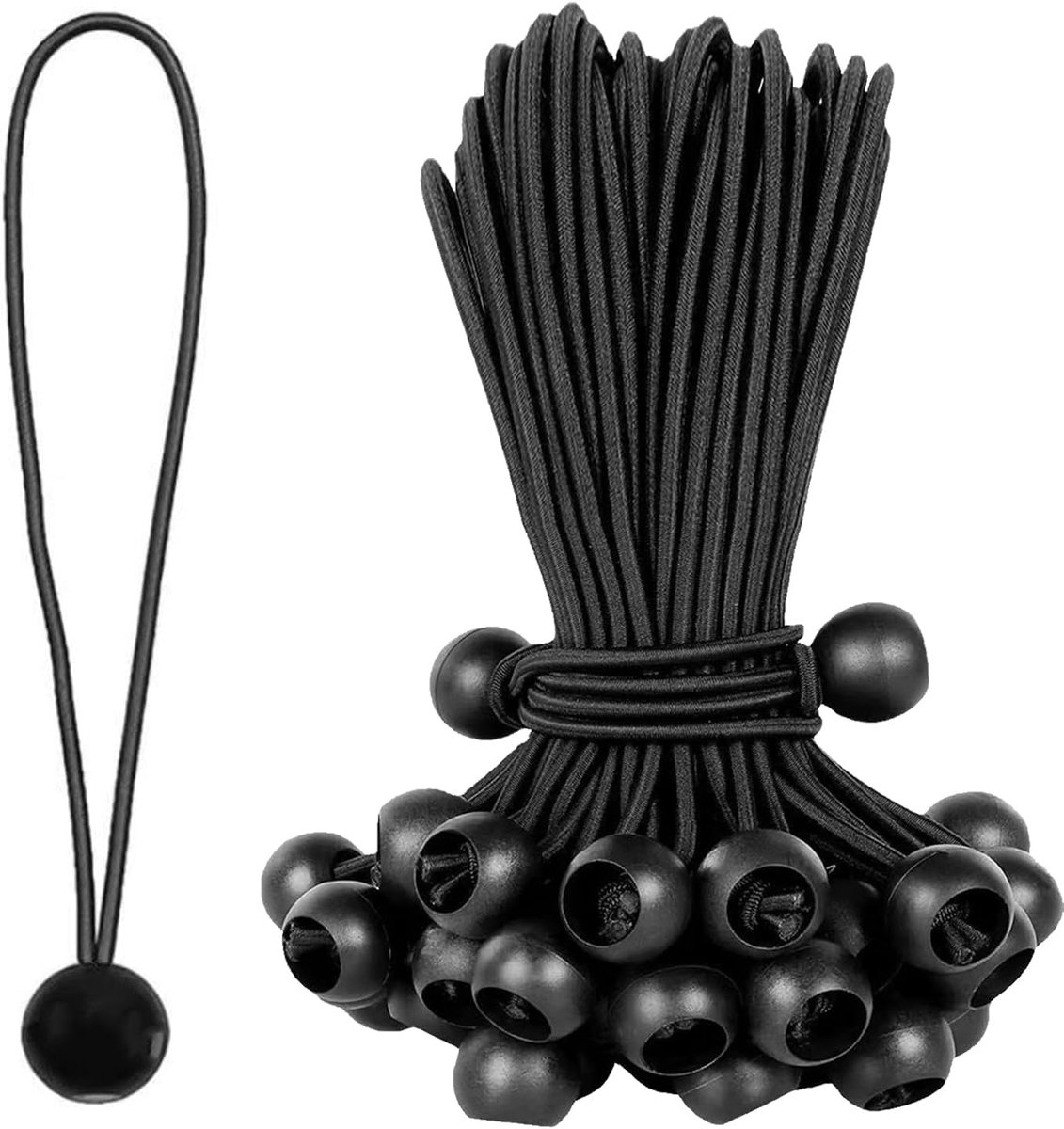 50 stuks spanrubbers met bal, PP-kunststof zeilspanners, zwarte spanrubbers, met kleine ballen, voor het bevestigen van waterdichte dekzeilen, banners en tenten