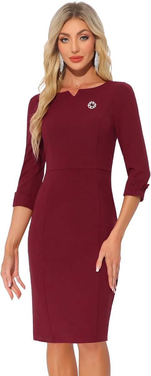 K Midi-jurk voor dames, 3/4 mouwen, hartvormige hals, nauwsluitende pasvorm, kokerjurk, zakelijke jurk