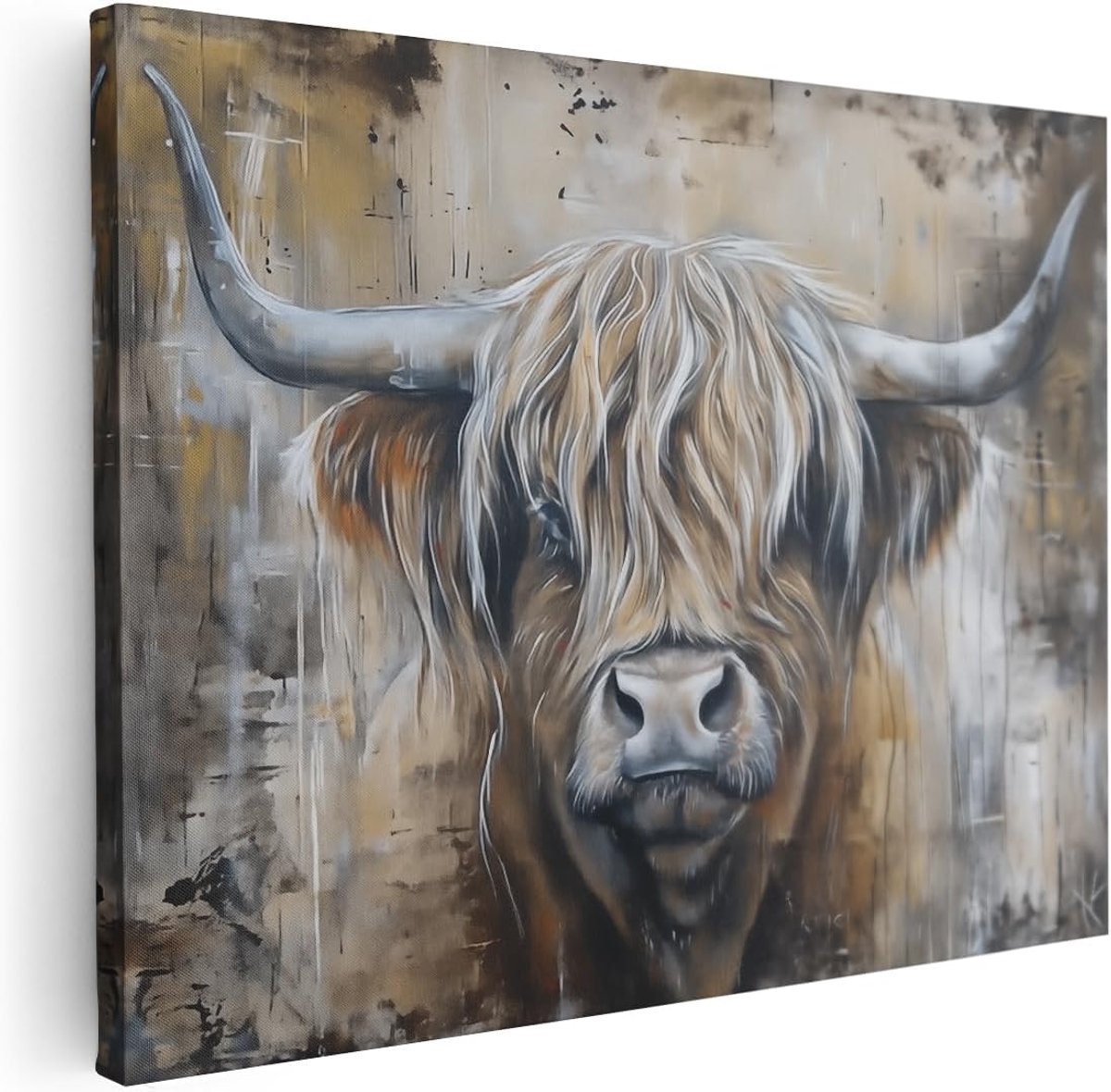Canvas Schilderij Hooglander - 40x30 cm - Klein - Muurdecoratie Gewei - Wanddecoratie Woonkamer - Kamer Accessoires