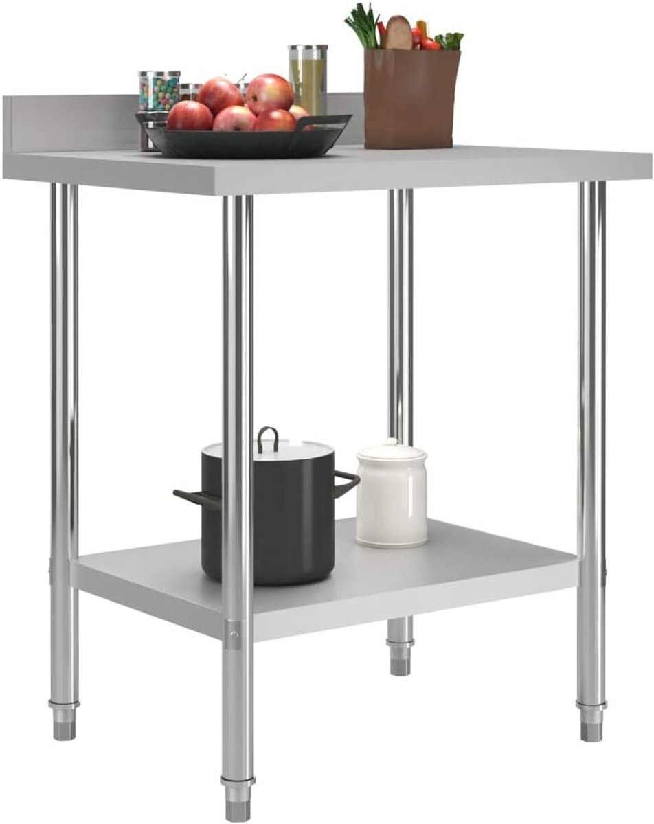 Werktafel voor keuken en dashboard, planken, opslag, levensmiddelen, garages, roestvrij staal, zilver, 80 x 60 x 93 cm, verstelbare poten, gewicht: 80 kg