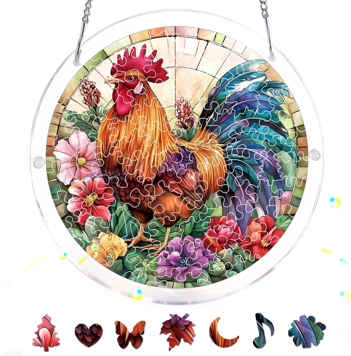 83-Delige Acryl Puzzel-Zonnvanger –Haan Raamhanger in Glas-in-Loodstijl, Creatief Moederdagcadeau, Zonnvanger-Decoratie Voor Tuin & Huis, 18x18 cm A136