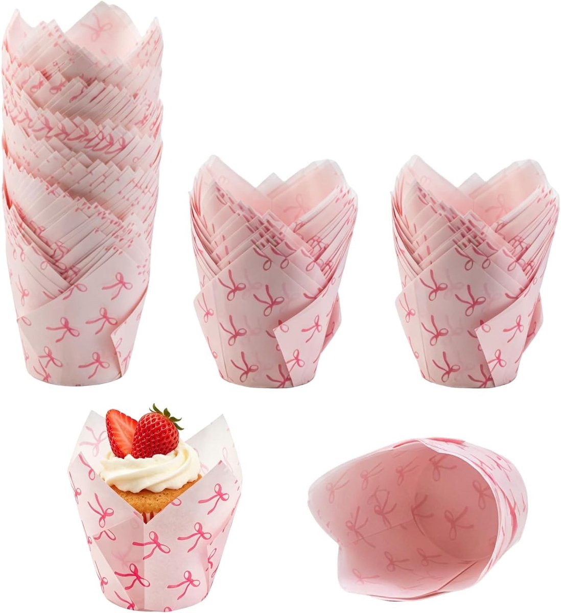 200 stuks roze strik-muffinvormpjes, cupcake-vormpjes, bakken, drukstijl