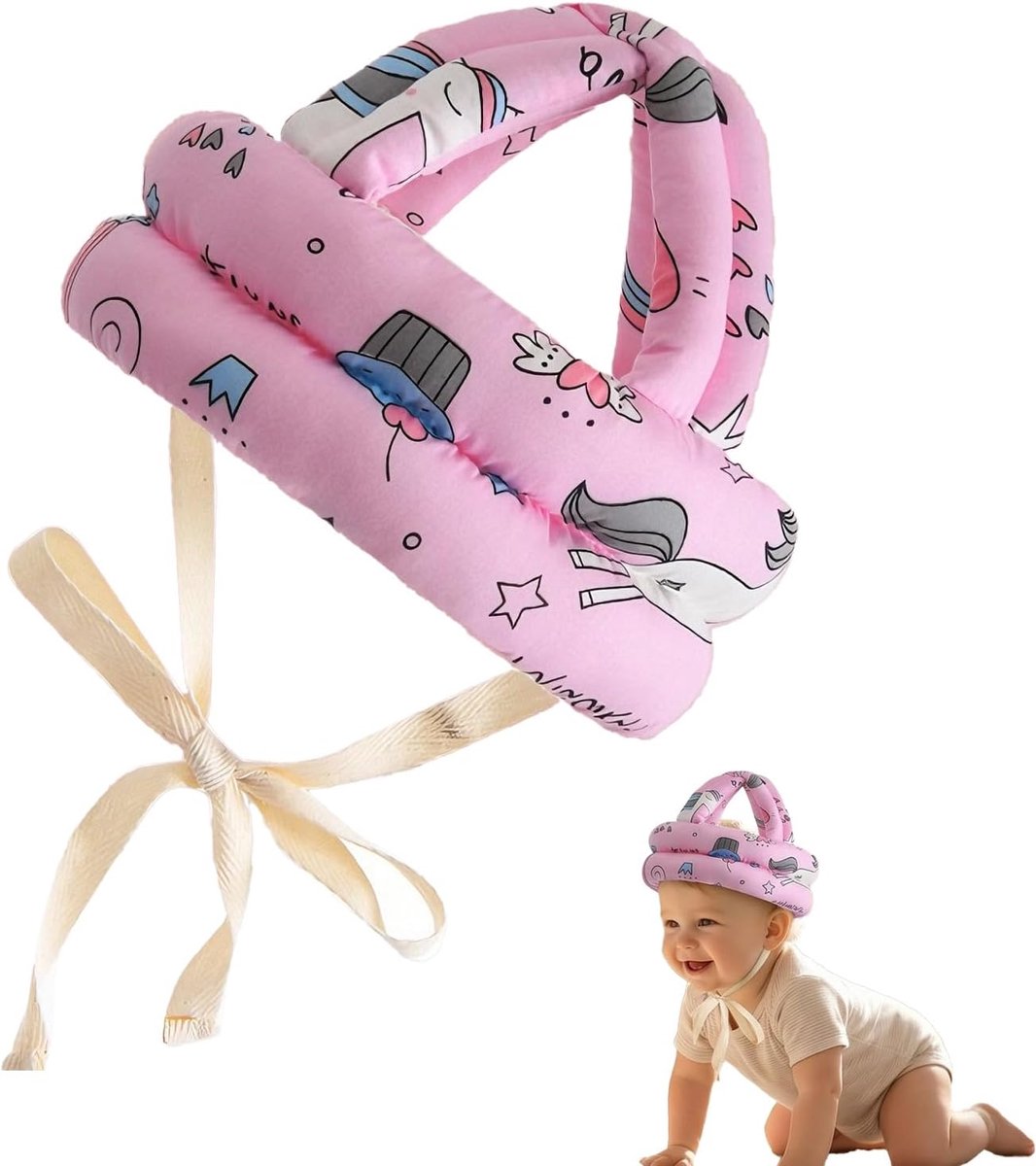Beschermhelm voor peuters, 6-36 maanden, ademend katoen, verstelbare kinriem, veiligheidshelm voor kruipen, spelen, lopen, leren, licht comfortabel (roze paarden)