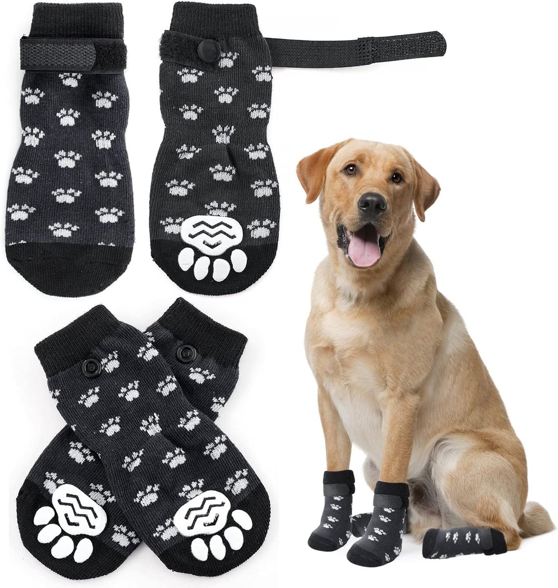 Slip Paw Protectoren hondensokken, dubbele zijkant, antislip hondensokken met verstelbare riem, tractiecontrole voor houten vloeren (M)