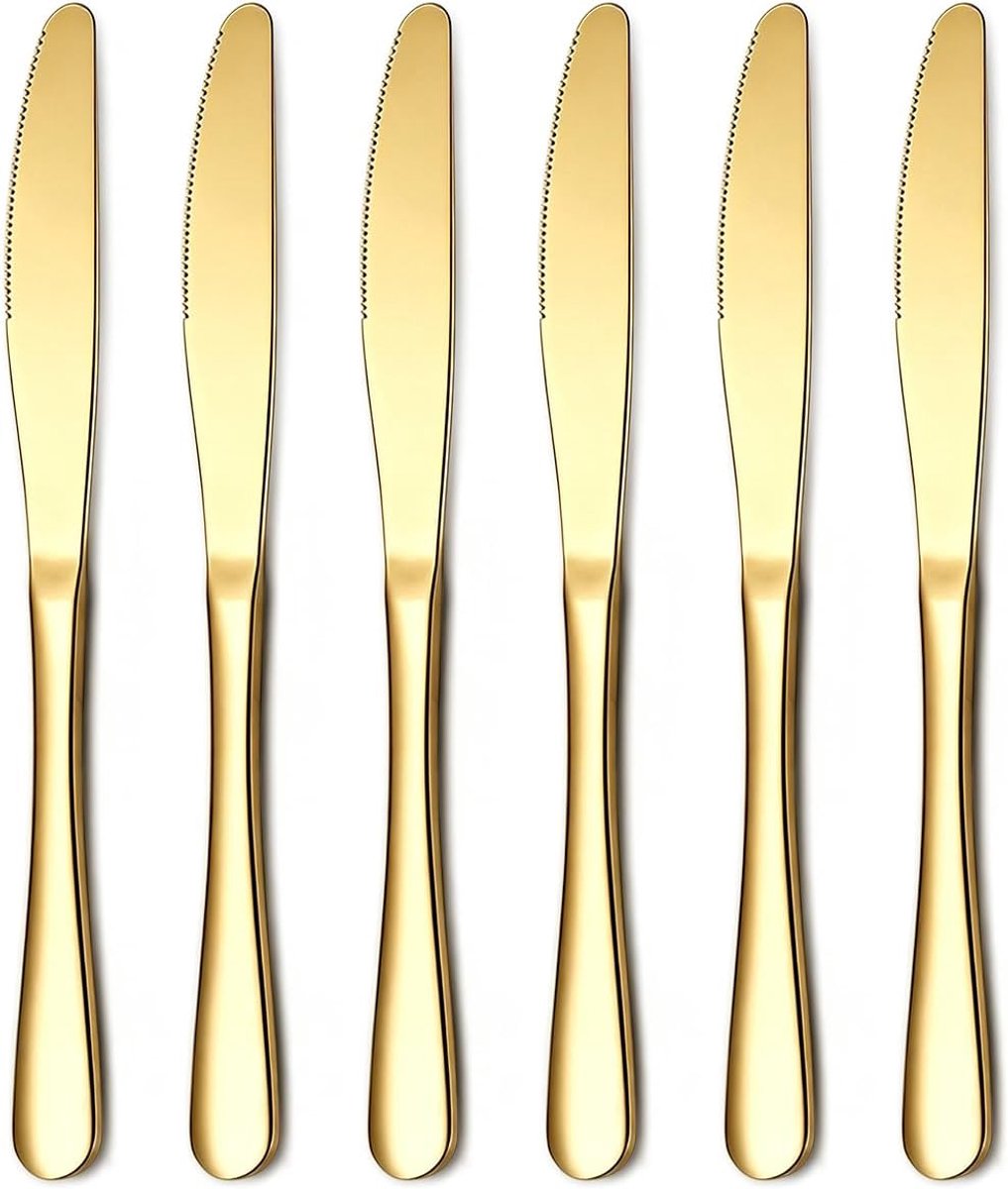 Gouden tafelmessenset van 6 stuks, botermessen van titanium-gouden coating, metaal, roestvrij staal, 23,3 cm, tafelmessen, eetmessen voor dagelijks gebruik, restaurant, hotel, evenementen