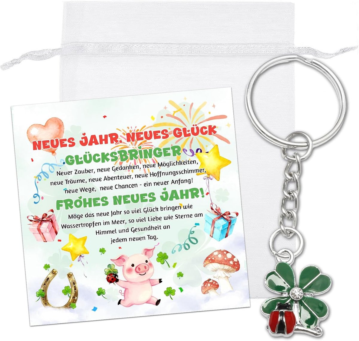 geluksbrenger sleutelhanger met nieuwjaarskaarten, veel geluksbrenger, klaverblad voor oudejaarsavond, nieuwjaarsgeluksbrenger, cadeautje, veel geluk geschenken
