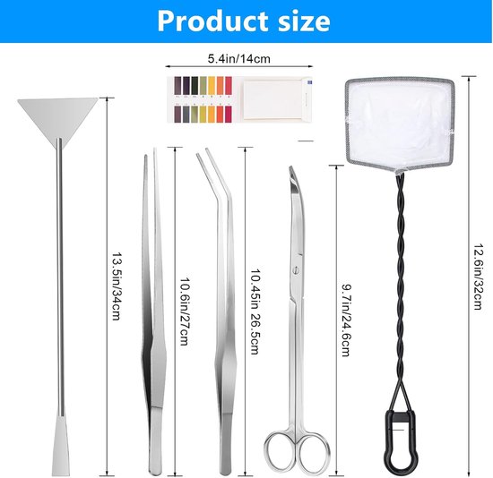 6-in-1 Aquascaping-tool voor waterplanten, roestvrij staal, zilver, pincet, schaar, spatel voor aquarium, schoon aquascaping-gereedschapssets met visnet, 80p PH-papier (zilver) — afbeelding 2