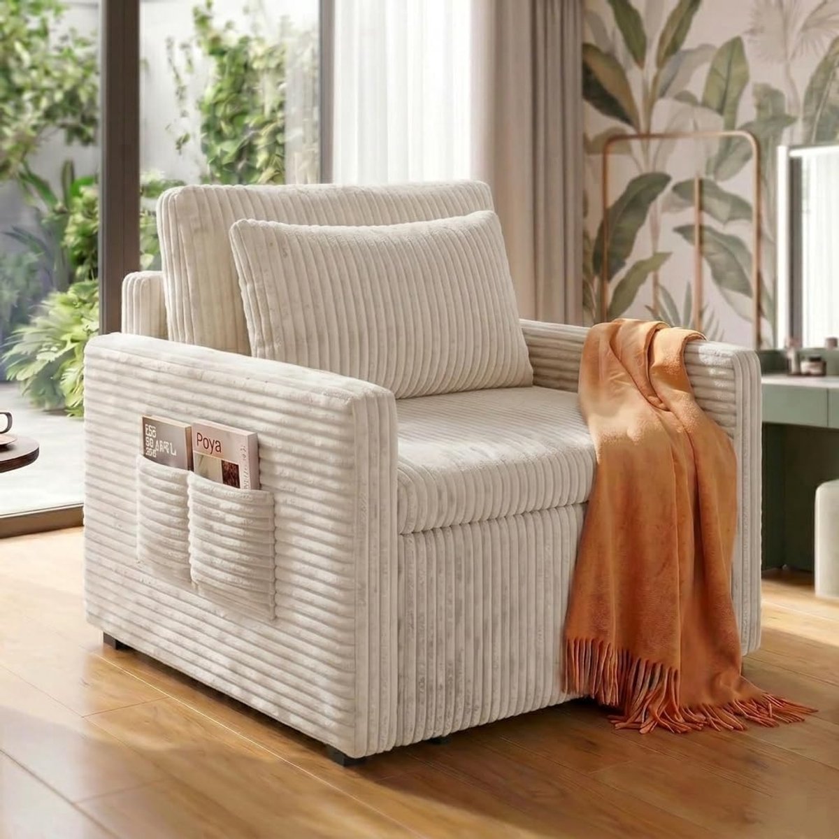 Uittrekbare 3-in-1 bedstoel, compact eenpersoonsbed voor gasten en kleine ruimtes, ruimtebesparende slaapbank met zijvakken, 83 x 83 x 75 cm/bed 196 x 69 cm, beige