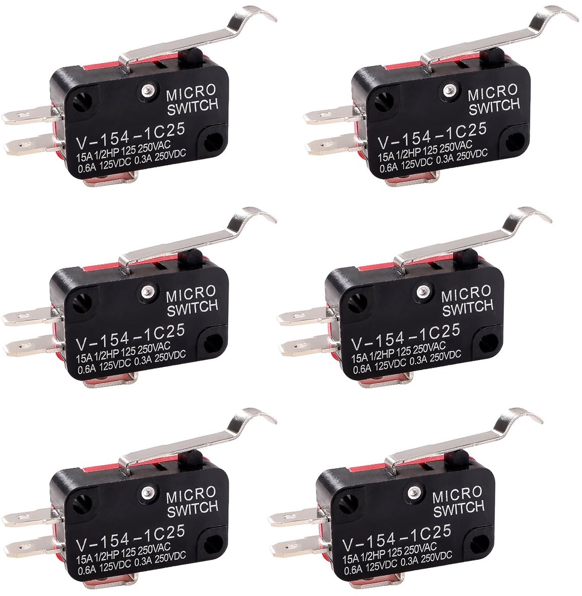 6 Stuks V-154-1C25 Micro-Eindschakelaar, 125V/250V 15A SPDT 1 NO 1 NC Snap Action-Schakelaar, voor Nagnetrondeur Arcade Cherry Drukknop