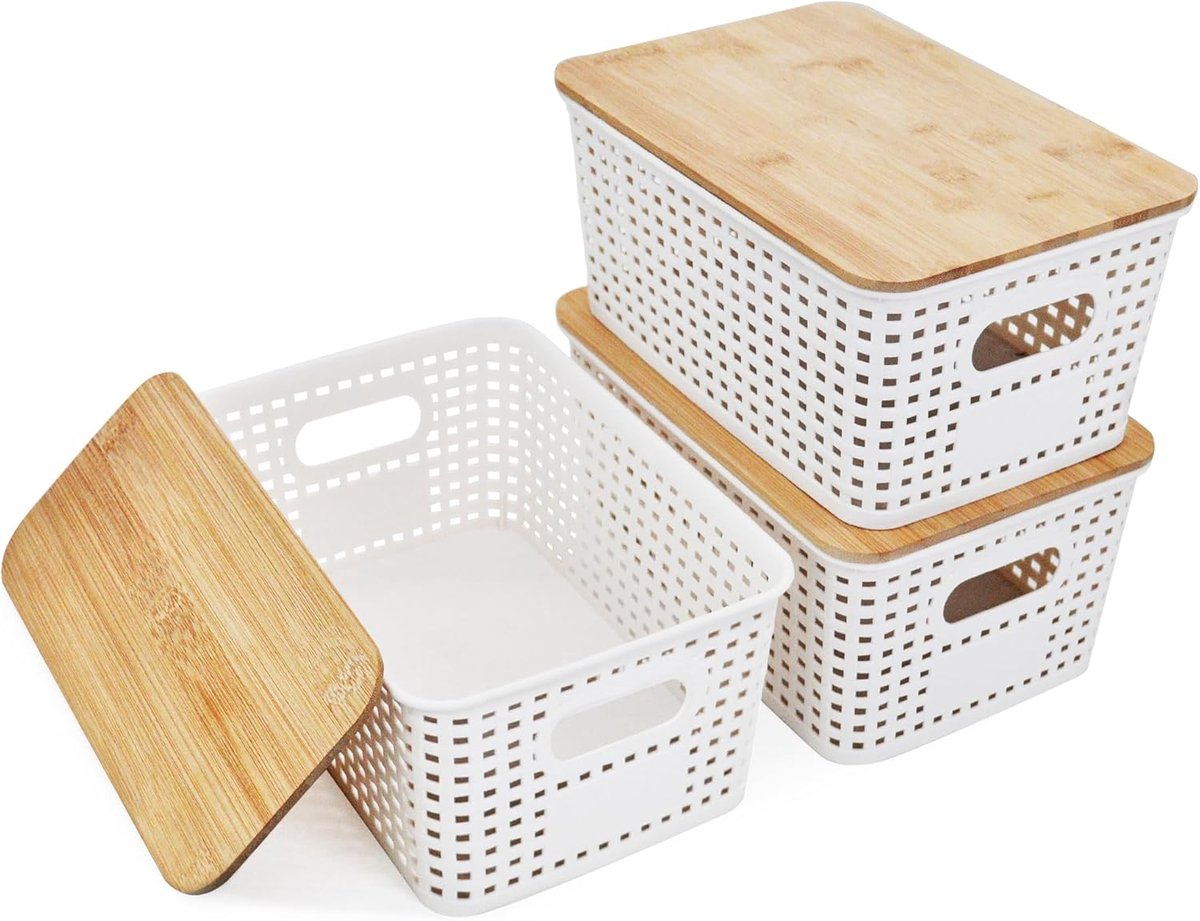 Dailygoods- Opbergdoos 5L met Bamboe Deksel - Stapelbaar - Ventilerend - Plastic - Witte Opbergbox - Decoratief en Elegant - Opbergmand
