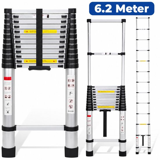 Gedetailleerde afbeeldingen van de ROVONO 6.2 meter uitschuifbare ladder in gesloten, gedeeltelijk open en volledig open posities.