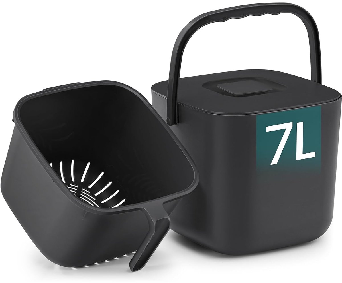 SONGMICS Plastic Compostbak, 7L, Geurvrij Deksel LEOS Organische Afvalbak met Afvoermand, 24 x 22 x 19,5 cm, Zwart