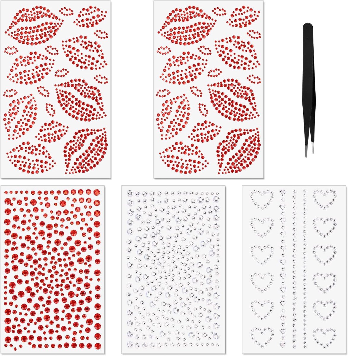 Gezichtsjuwelen met Pincet, Rode Lippenstift Stickers met Strass Steentjes voor Het Gezicht Make-Up Ogen Haar en Lichaam Festivalkusjuwelen Accessoires voor Vrouwen en Kinderen