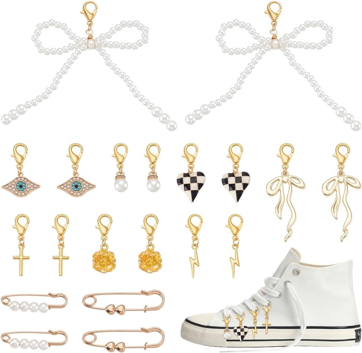 20 stuks 10-delige set van schoenhangers van legering kruishanger met boze oog strass veterclip hanger met karabijnsluiting